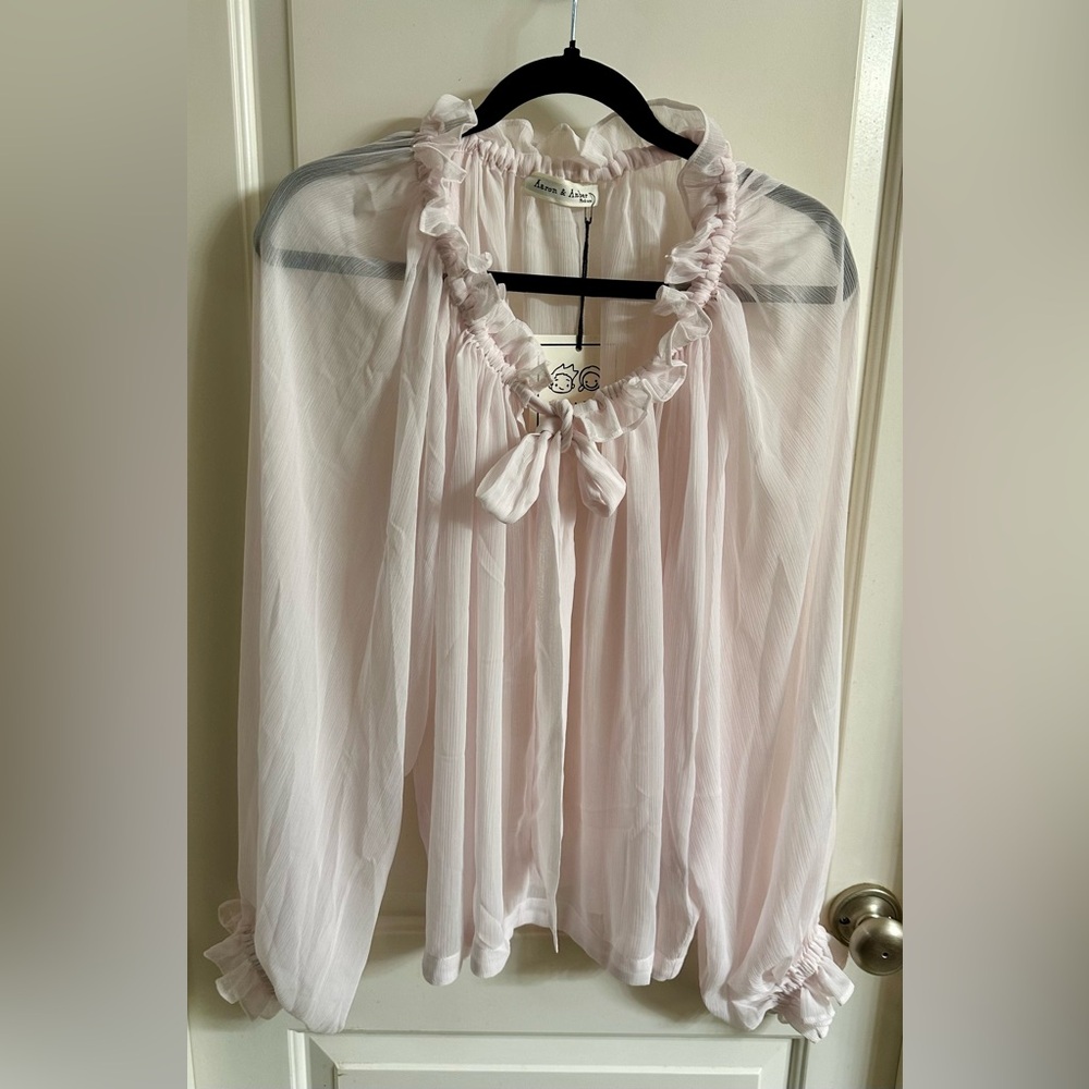 NWT Aaron & Amber Pink Sheer Ruffle Blouse | Tie-Front Chiffon Top - Medium